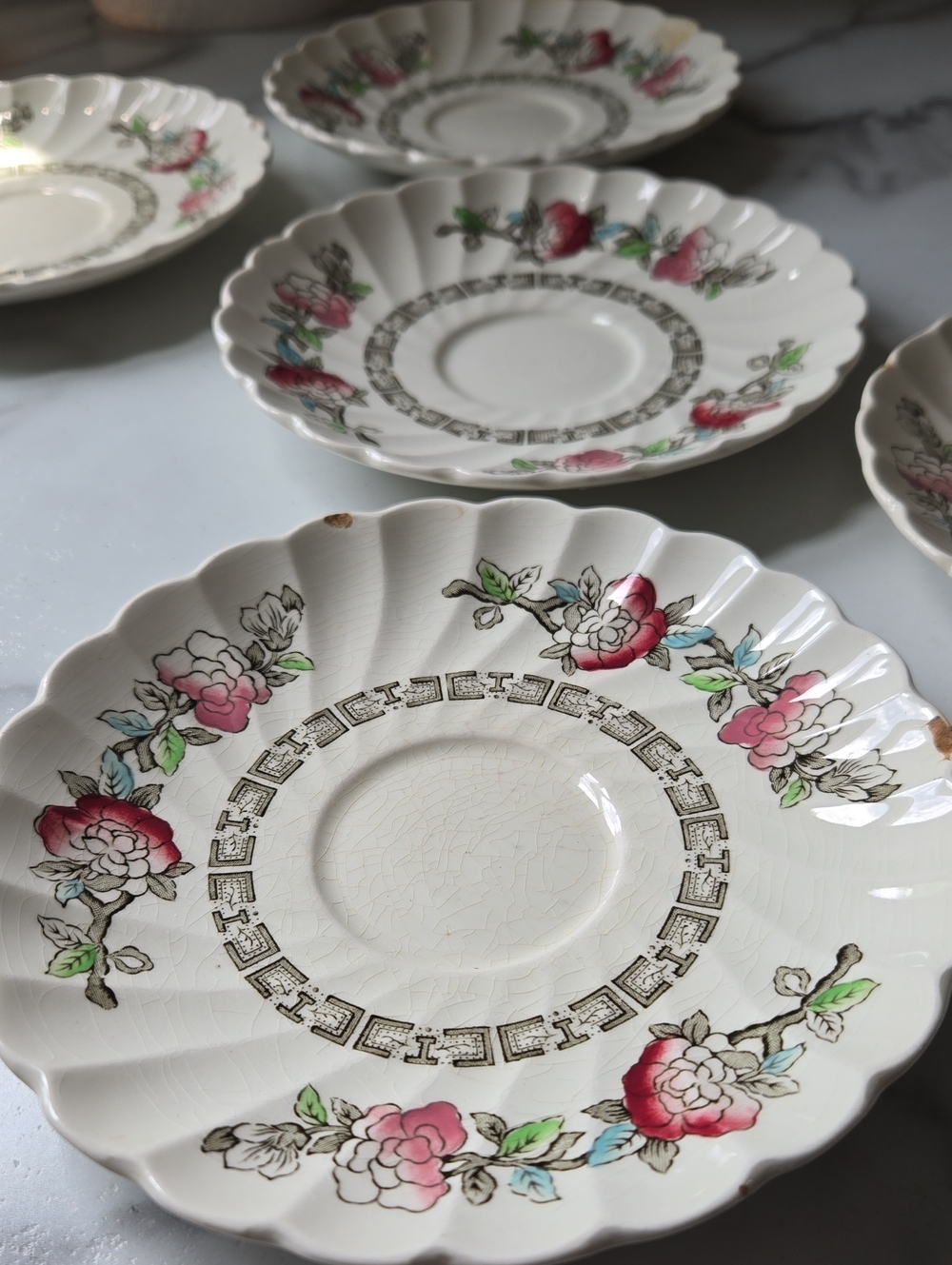 (5) Vintage Myott Indian Tree Floral Scalloped Saucer Plate - Pink and Green
